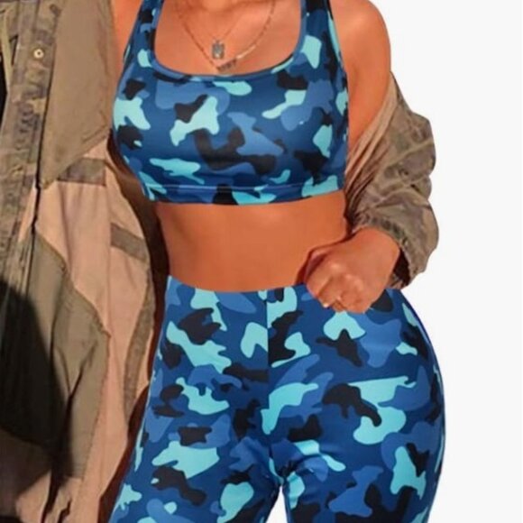 Medium Blue Camo Bodycon Tank Crop Top Shorts Sets Club 2 Piece Outfit - Picture 4 of 6